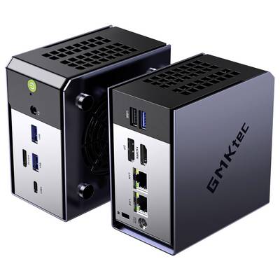 Two compact black mini PCs with vented tops and front ports, shown from the side; one has 'Gmktec' branding.