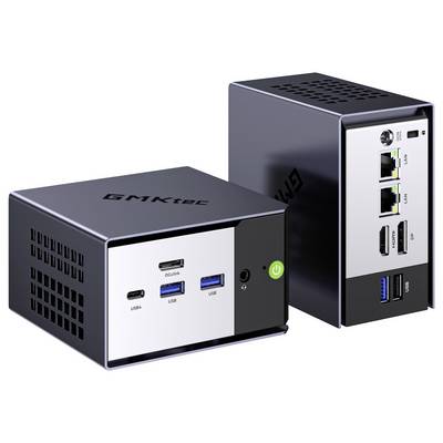 Two compact GMKtec mini PCs shown on a white background, one front-facing with USB-C and USB ports, the other showing Ethernet, HDMI, and USB ports.