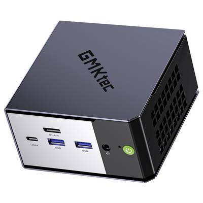 Compact GMKtec mini PC shown angled on white background, with front USB-C, USB-A, USB 3.0 ports and power button visible.