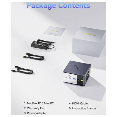 Package contents image showing a NucBox K16 mini PC, warranty card, power adapter, HDMI cable, and instruction manual.