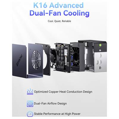 Advertisement for 'K16 Advanced Dual-Fan Cooling' showing an exploded cooling device with fan components and claims: optimized copper heat conduction, dual-fan airflow, stable high-power performance.