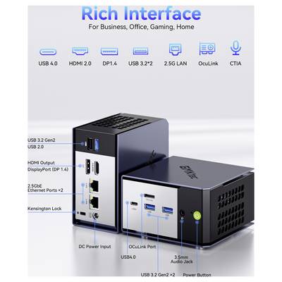 Promotional graphic of two mini PCs labeled 'Rich Interface' showing multiple ports: USB 4.0, HDMI 2.0, DP 1.4, USB 3.2, 2.5G LAN, OCuLink, CTIA, audio jack, power button, and DC input.