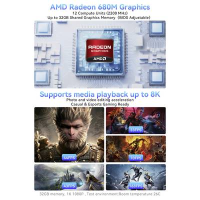 AMD Radeon 680M Graphics infographic showing 12 compute units, up to 32GB shared memory, 8K playback support, and gaming benchmarks from 33 FPS to 163 FPS in sample scenes.