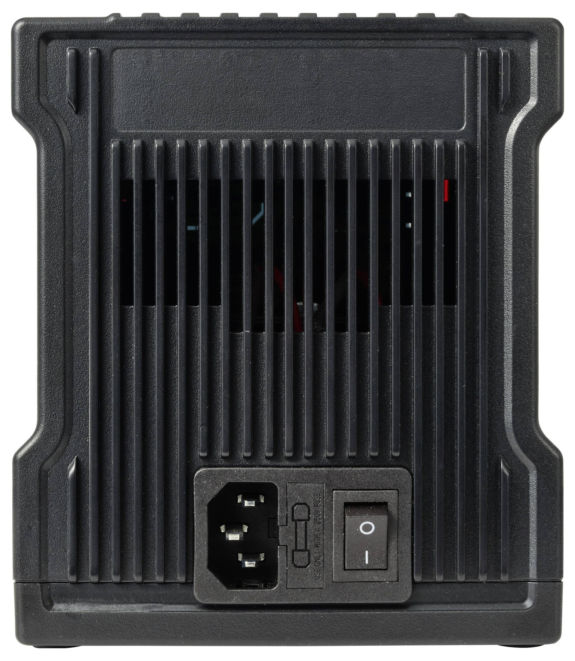 Black rectangular electronic device with front cooling vents, AC power inlet, and on/off switch on the lower front panel.