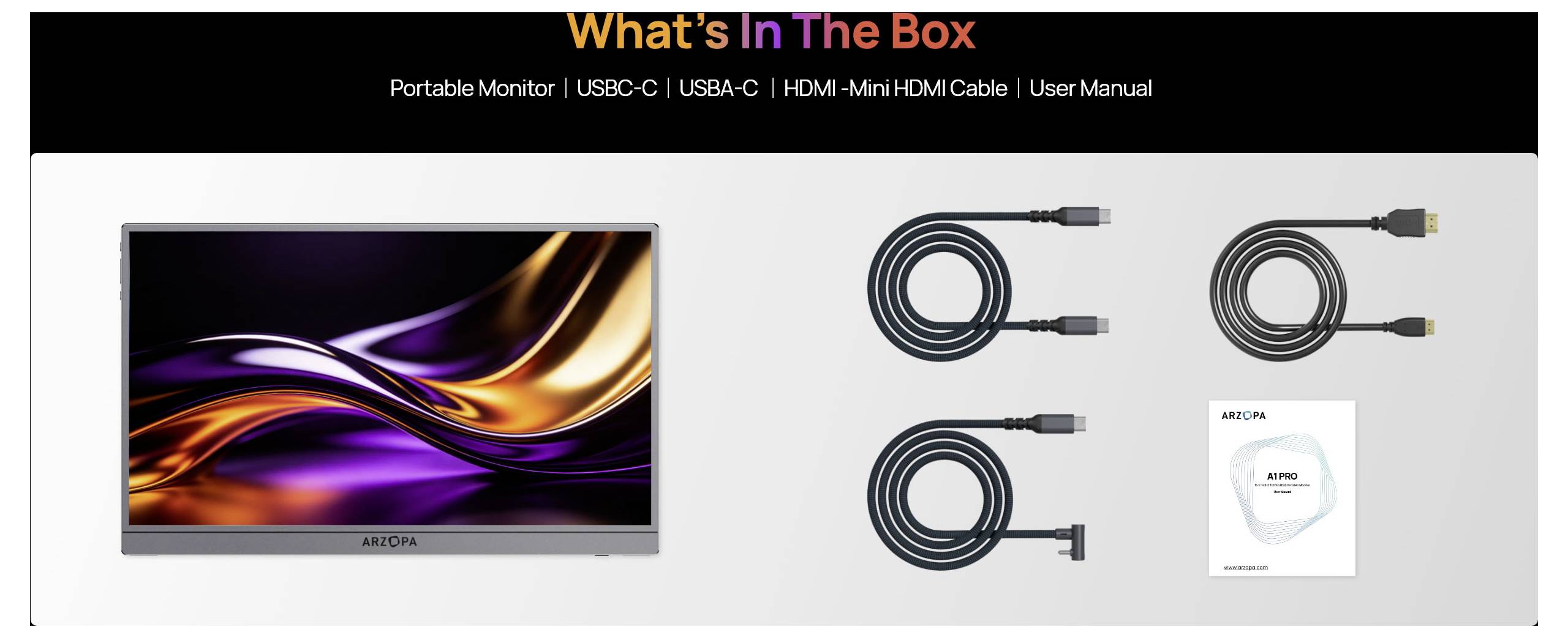 Product contents image for a portable monitor: monitor, USB-C cable, USB-C to USB-C cable, HDMI-Mini HDMI cable, and user manual.