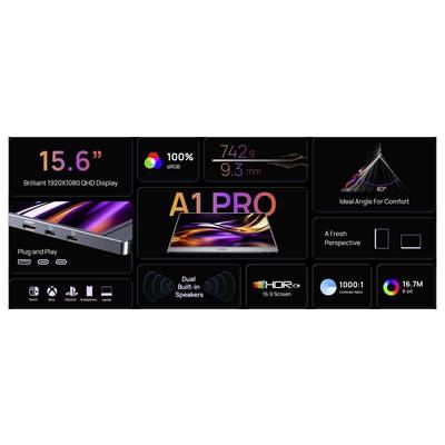Promotional graphic for an A1 PRO laptop featuring a 15.6-inch 1920x1080 QHD display, 100% sRGB, 742 g weight, 9.3 mm thinness, dual speakers, HDR, 16:9 screen, 1000:1 contrast, 16.7M colors, and plug-and-play ports.