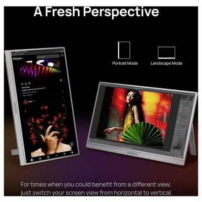 Promotional graphic showing a display that rotates between portrait and landscape modes, with text 'A Fresh Perspective' and 'For times when you could benefit from a different view, just switch your screen view from horizontal to vertical.'<br>