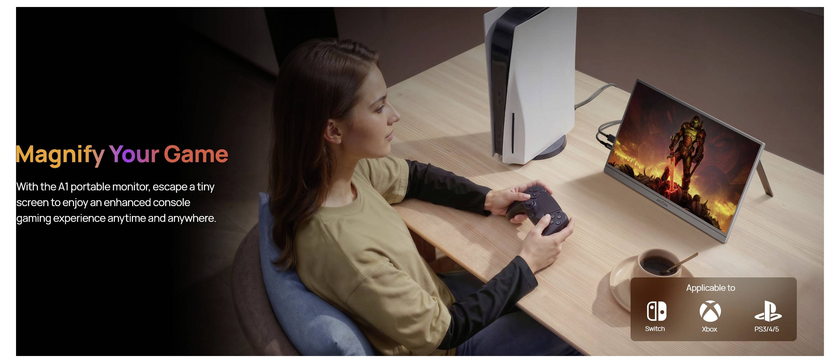 Promotional image of a woman gaming at a desk with a portable monitor; text reads 'Magnify Your Game' and 'Applicable to' Nintendo Switch, Xbox, and PS5.