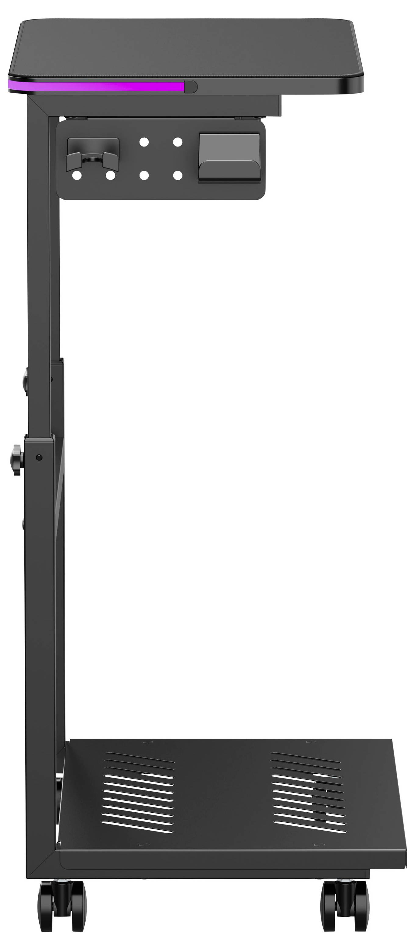 Portable black standing desk with a flat top, side controls, and wheeled base<br>