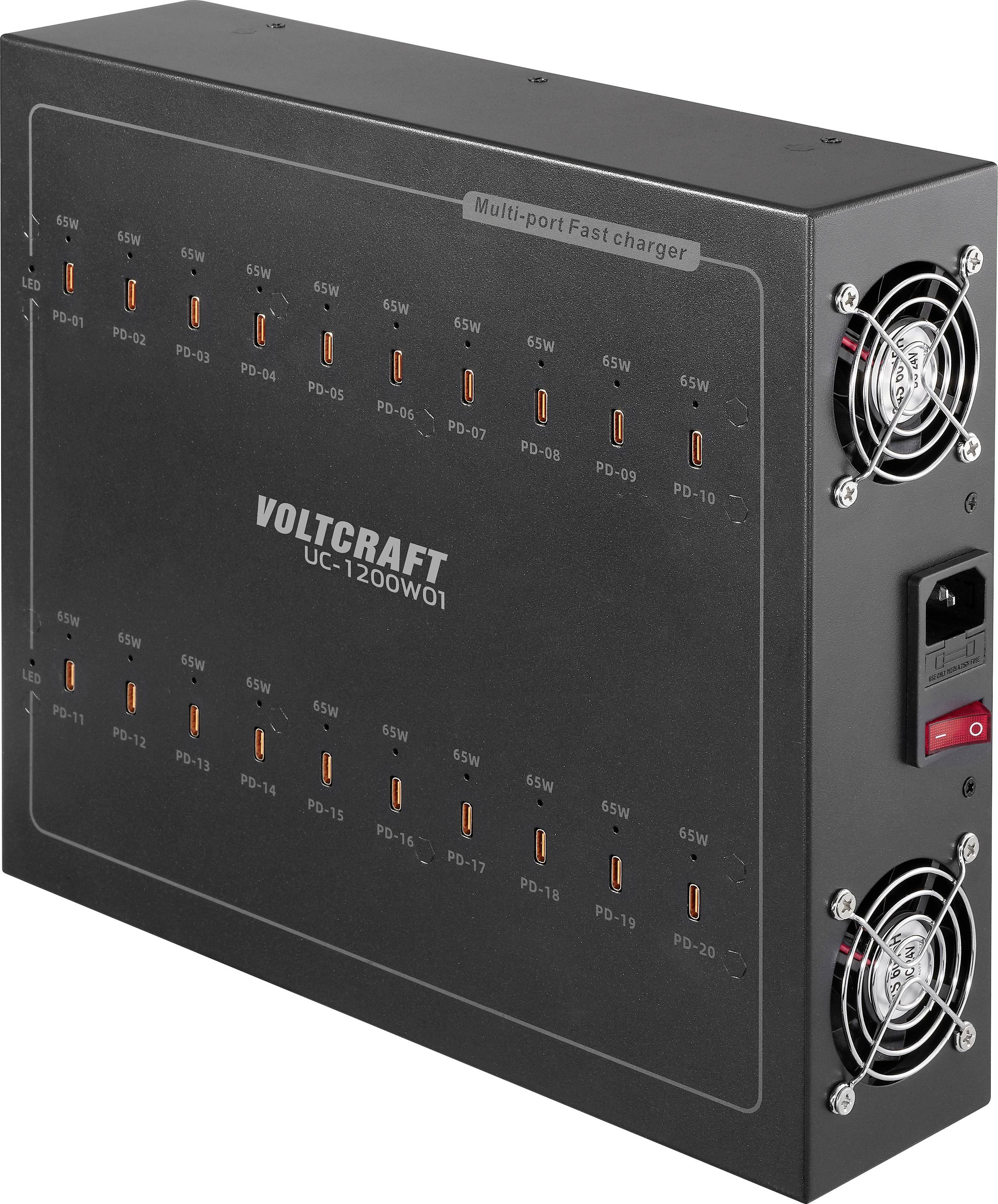 Black VOLTCRAFT UC-1200W1 multi-port fast charger with 20 USB-C ports, front labels, and two cooling fans on the side.