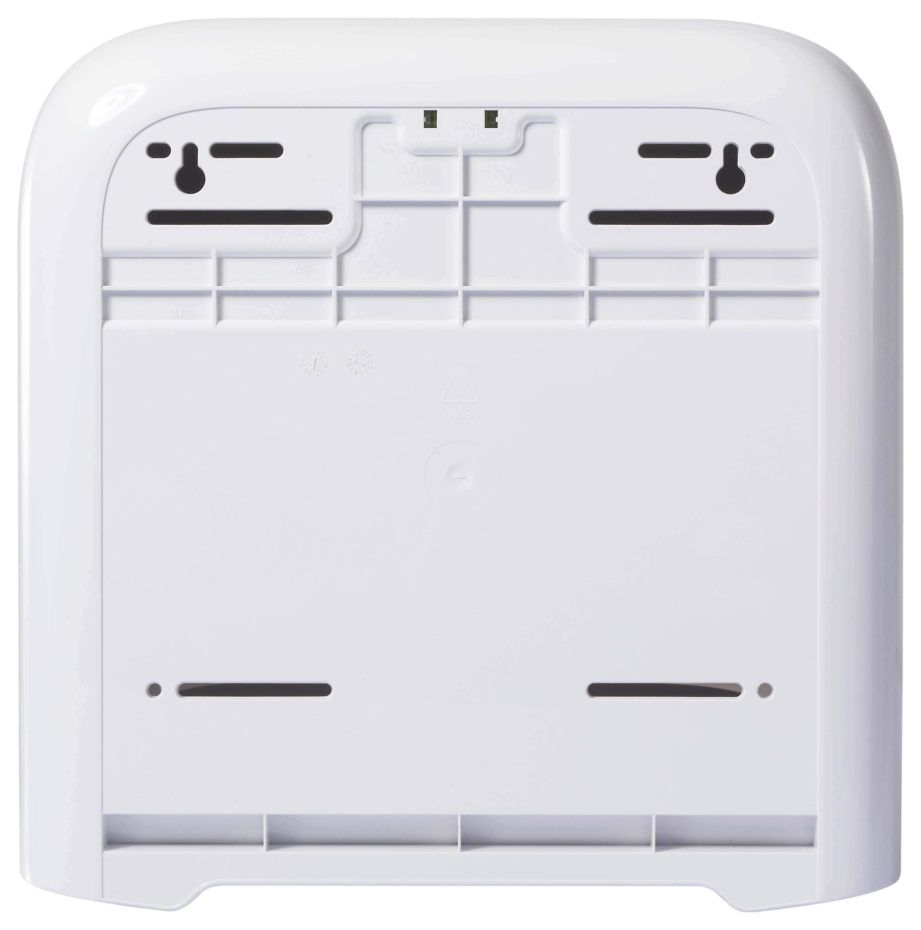 Back view of a white wall-mounted device with keyhole slots and a battery compartment, likely a thermostat or sensor.