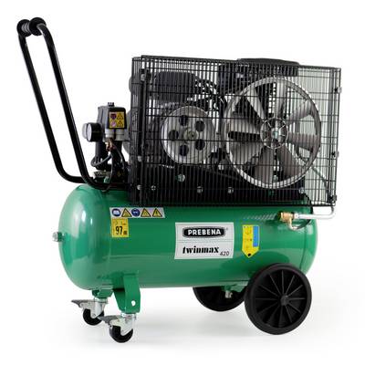 Green portable air compressor with black handle, wheels, and protective fan cage; labeled 'PREBENA twinmax 420'.