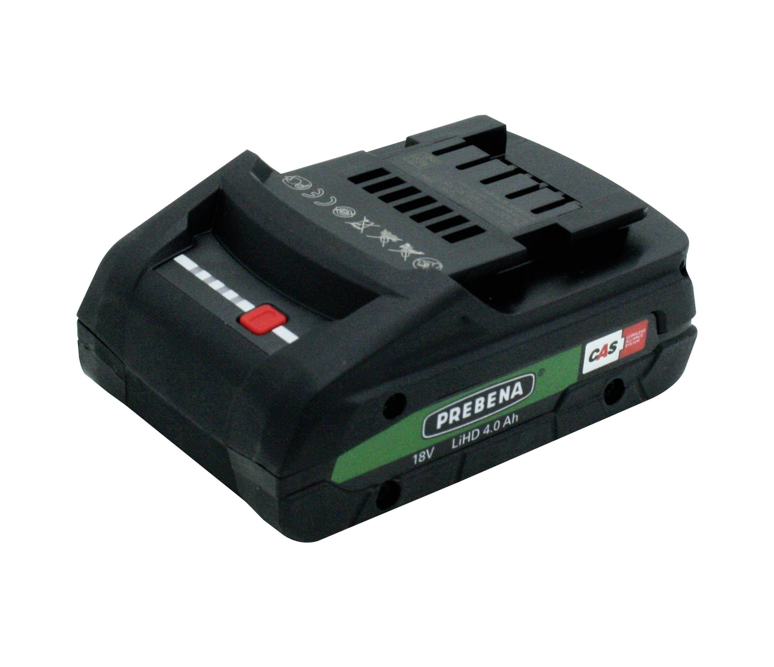 Black rechargeable power tool battery pack with green label and red release button on a white background.