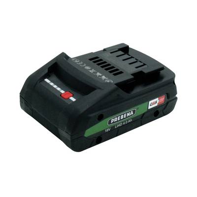 Black rechargeable power tool battery pack with green label and red release button on a white background.
