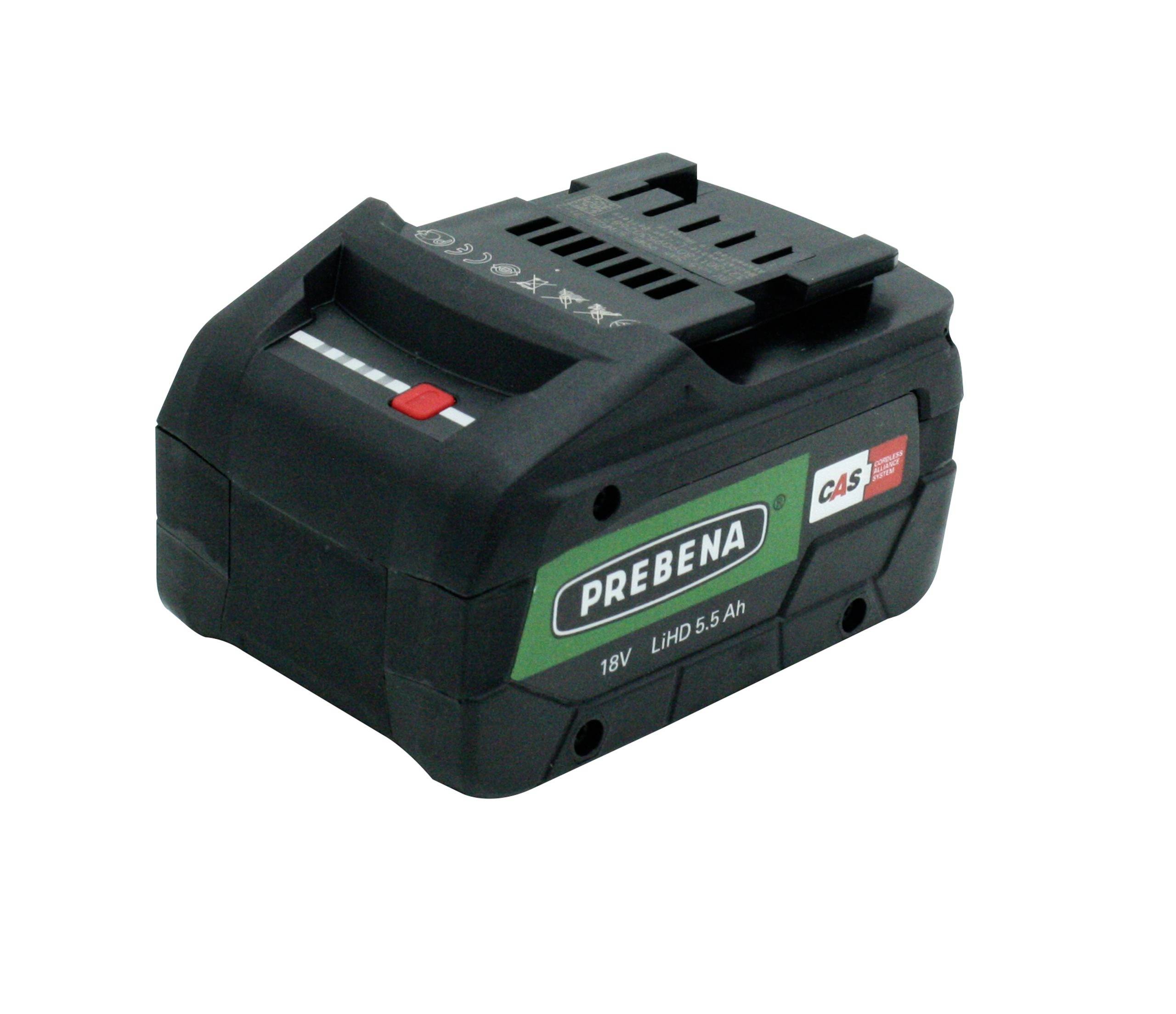 Black PREBENA 18V LiHD 5.5 Ah rechargeable battery pack on a white background.