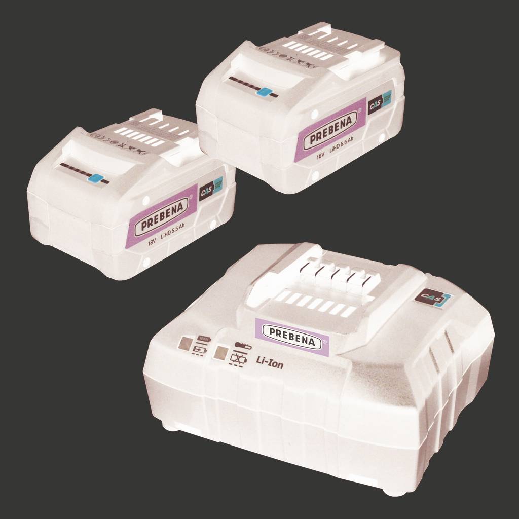 Three white Prebena Li-ion battery packs on a dark background, shown in different sizes, with branding visible.