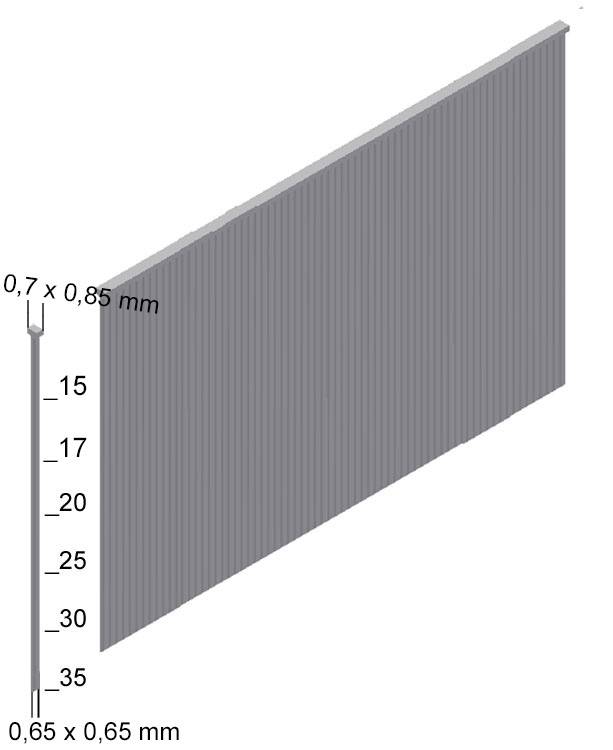 Diagram of a ribbed metal panel showing profile dimensions from 0.7 x 0.85 mm at the top to 0.65 x 0.65 mm at the bottom, with depth marks 15 to 35.