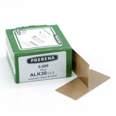 Box of PREBENA ALK30 CLS 9,600 bronzed pins with an example of the L-shaped fastening pins beside it.