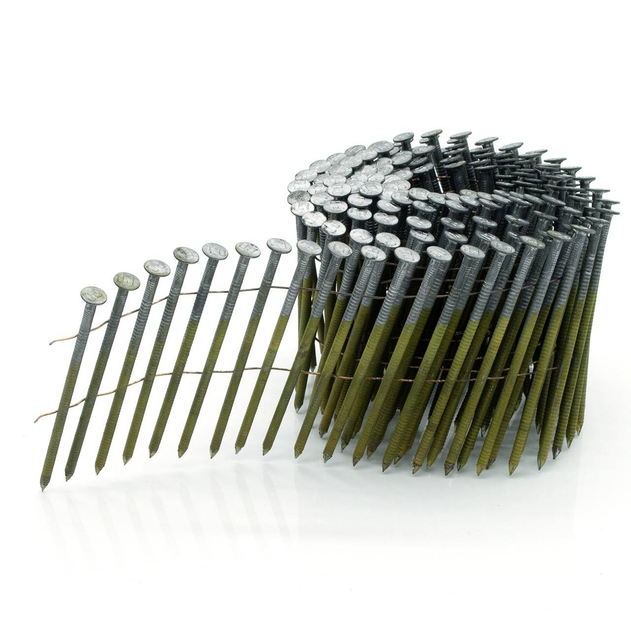 Bundle of nails arranged in a curved coil, with several loose nails fanning out on a white background.