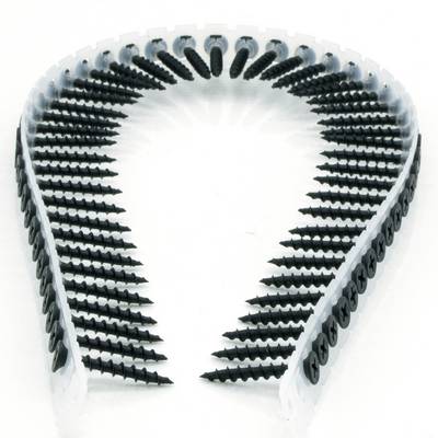 Coil strip of black screws in a U-shaped loop, likely a collated screw strip for use in a screw gun.