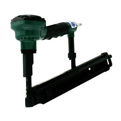 Pneumatic nail gun with a long magazine, shown on a white background.