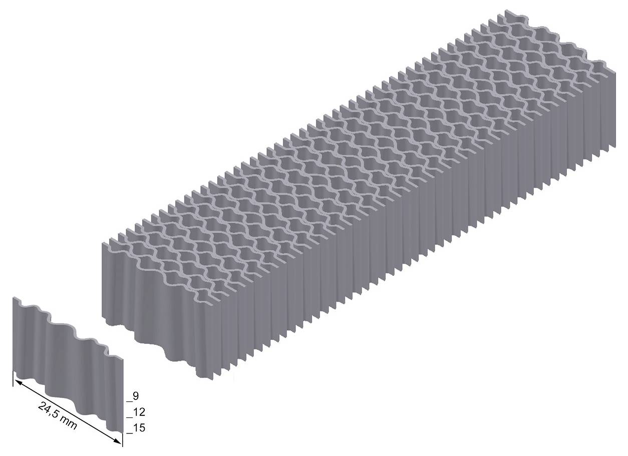 Isometric diagram of a long gray corrugated block with interlocking top pattern; inset shows a cross-section labeled 24.5 mm and depth marks 9, 12, 15.