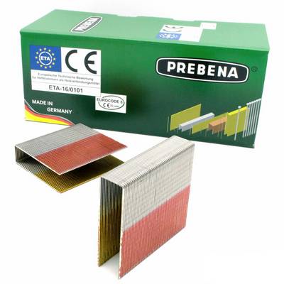 PREBENA box of brad nails with two stacks of colored metal staples/brads displayed in front on a white background.