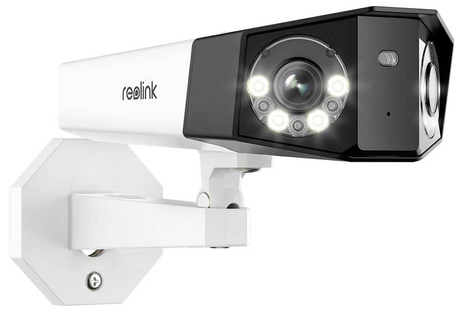 White Reolink outdoor security camera mounted on a wall bracket, with an illuminated lens and black front housing.