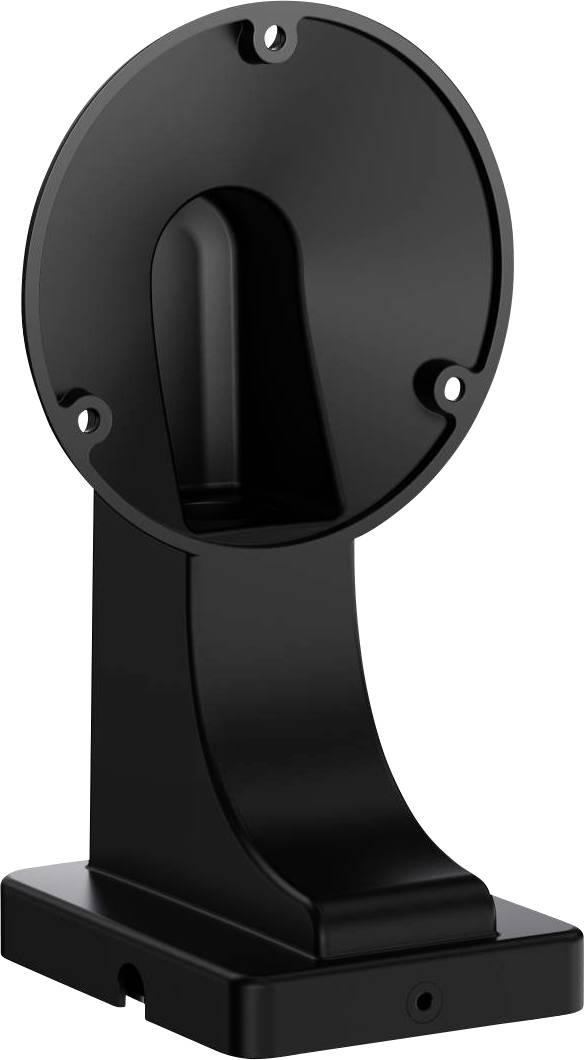 Black wall-mounted bracket or holder with a round top plate and curved support on a rectangular base, shown on a white background.