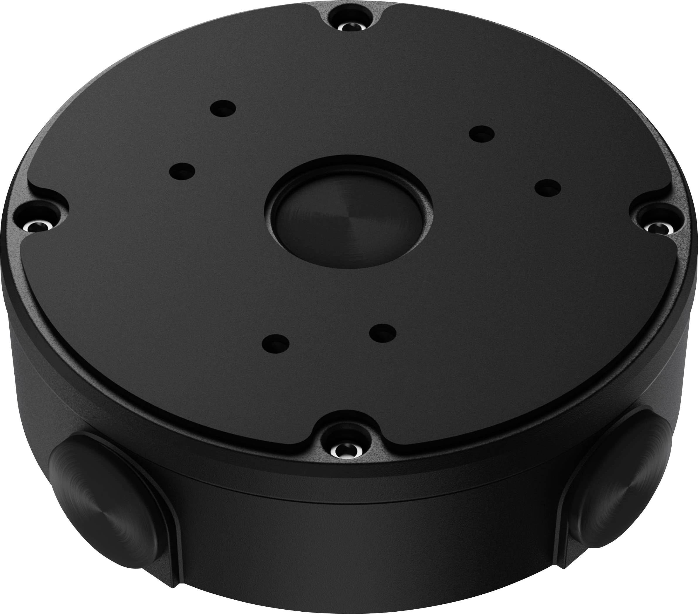 Black circular junction box or mounting enclosure with multiple screw holes and side cable ports, shown in a product-style view.