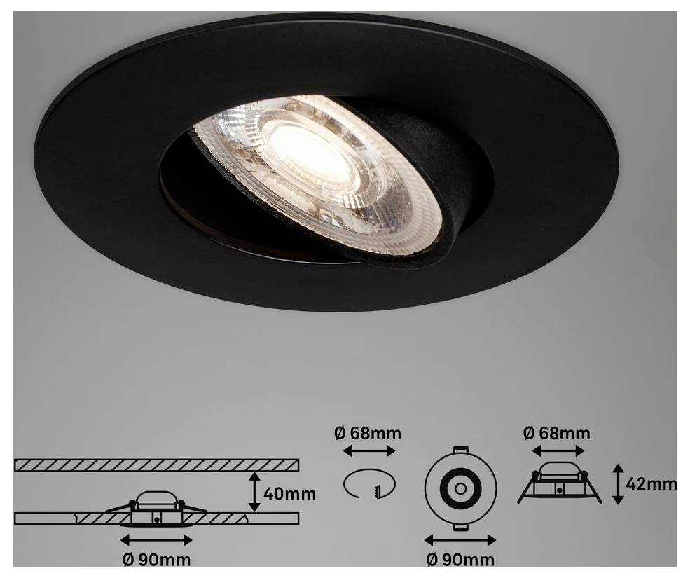 Black recessed ceiling spotlight with illustrated installation dimensions: 68 mm cutout, 90 mm outer diameter, 40 mm depth, 42 mm height.
