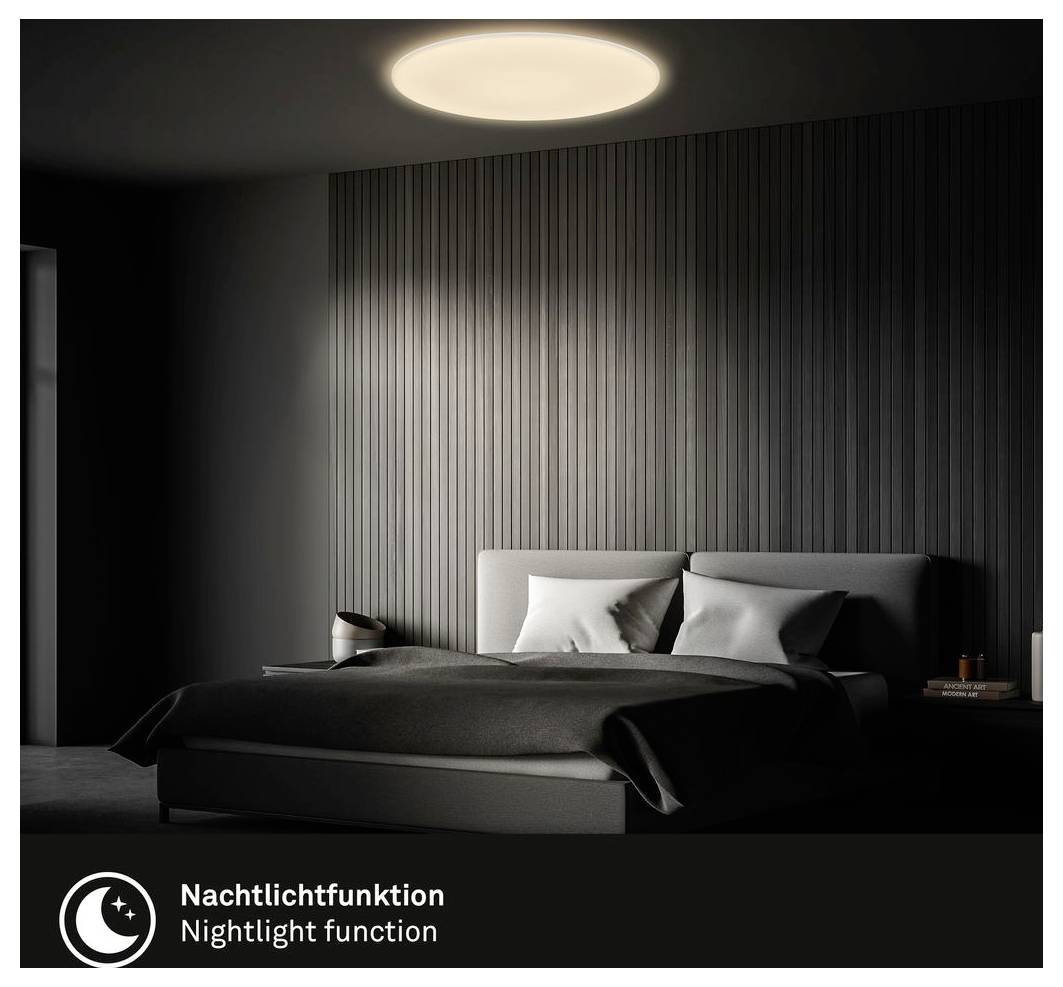 Modern bedroom with a bed under a soft ceiling light, labeled 'Nachtlichtfunktion' and 'Nightlight function', indicating a nightlight feature.