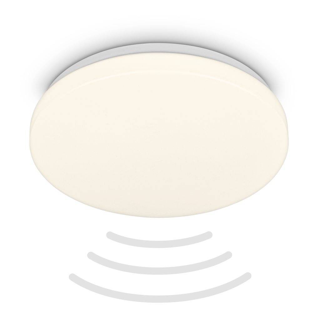 Round white ceiling light fixture with curved gray signal-like lines below, suggesting wireless or motion-sensor functionality.