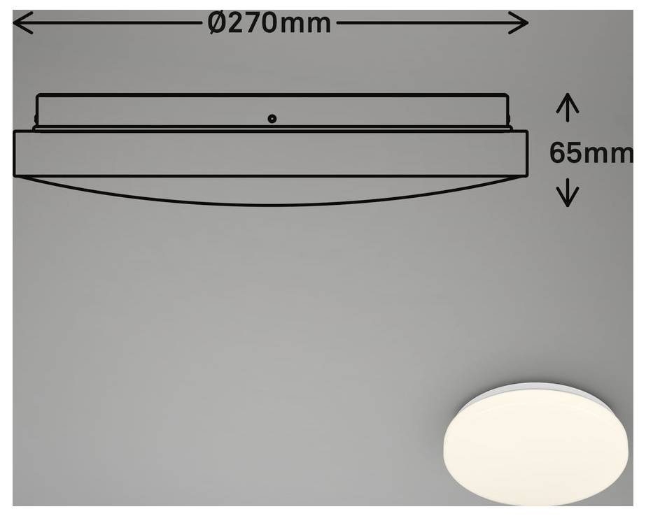 Technical drawing of a round ceiling light, showing dimensions 270 mm wide and 65 mm high, with a small product photo in the lower right.<br>