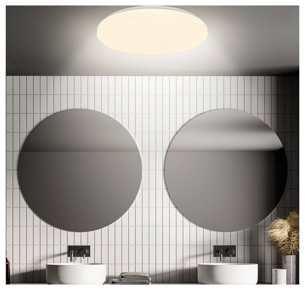 Modern bathroom with two round mirrors above white vessel sinks, vertical tiled wall, overhead ceiling light, and dried decor on the right.