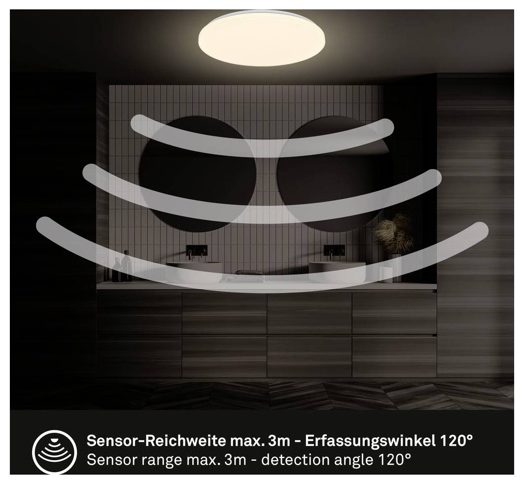 Illustration of a bathroom sensor mirror with detection area; text says sensor range max. 3 m and detection angle 120°.