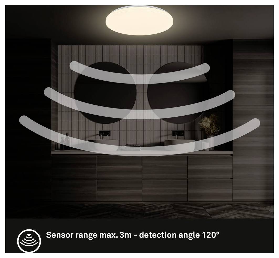 Bathroom vanity mirror with motion sensor coverage shown by arcs; text reads 'Sensor range max. 3m - detection angle 120°'.