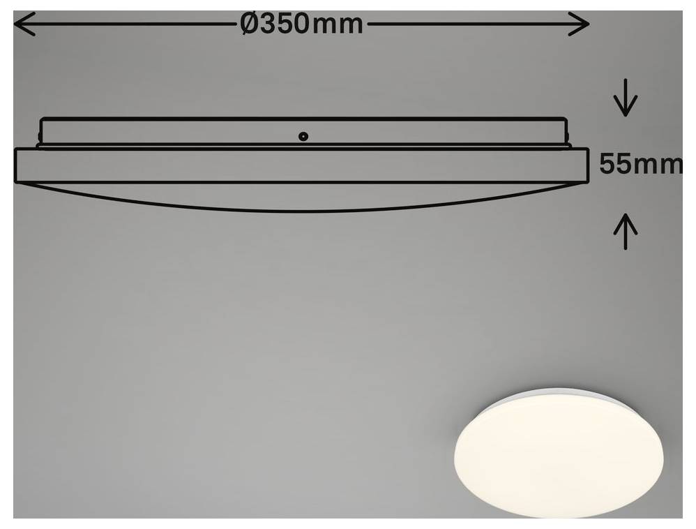 Technical illustration of a round ceiling light fixture, showing dimensions: 350 mm wide and 55 mm high, with a small product photo at bottom right.