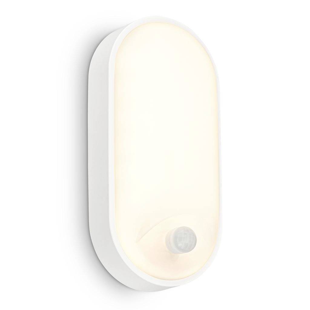 Oval white LED wall light with a soft glowing diffuser and small circular sensor at the bottom right, mounted on a plain white background.