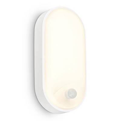 Oval white LED wall light with a soft glowing diffuser and small circular sensor at the bottom right, mounted on a plain white background.