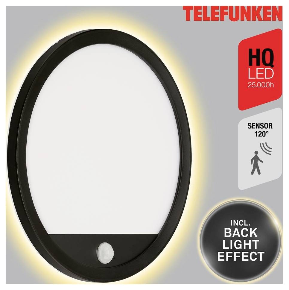 Telefunken oval LED wall light with motion sensor, showing 'HQ LED 25.000h', 'SENSOR 120°' and 'INCL. BACK LIGHT EFFECT'.