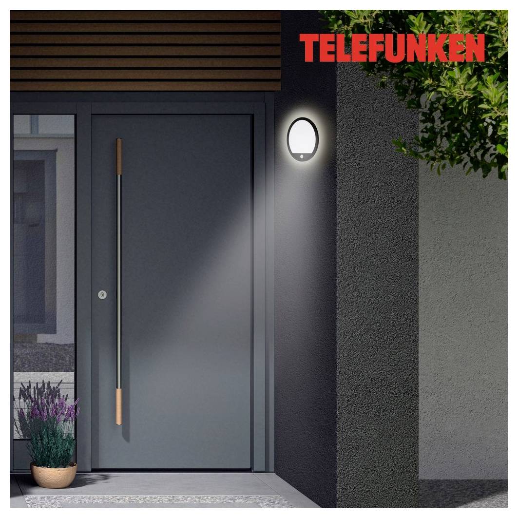 Modern gray front door with vertical handle and lit oval wall light beside it, shown in a contemporary exterior entryway with TELEFUNKEN branding.