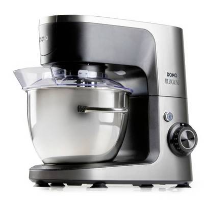 Silver Domo Delicioso stand mixer with stainless steel bowl and clear splash guard, shown on a white background.