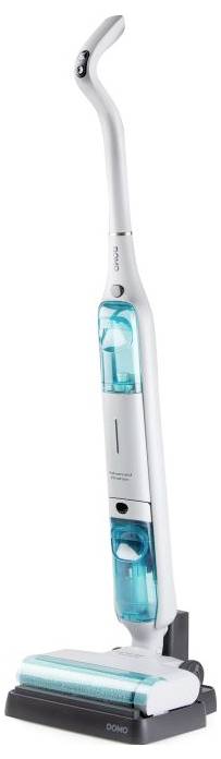 Cordless upright vacuum cleaner with turquoise transparent dust bins, shown standing on its charging dock.