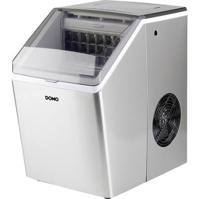 Silver DOMO countertop ice maker with transparent lid and front viewing window, shown on a white background.