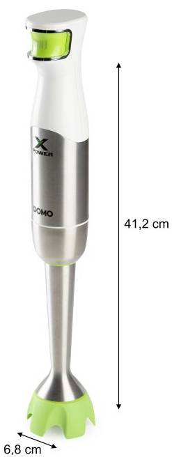 Tall white-and-silver hand blender with green accents, shown vertically with dimensions labeled 41.2 cm high and 6.8 cm wide.<br>