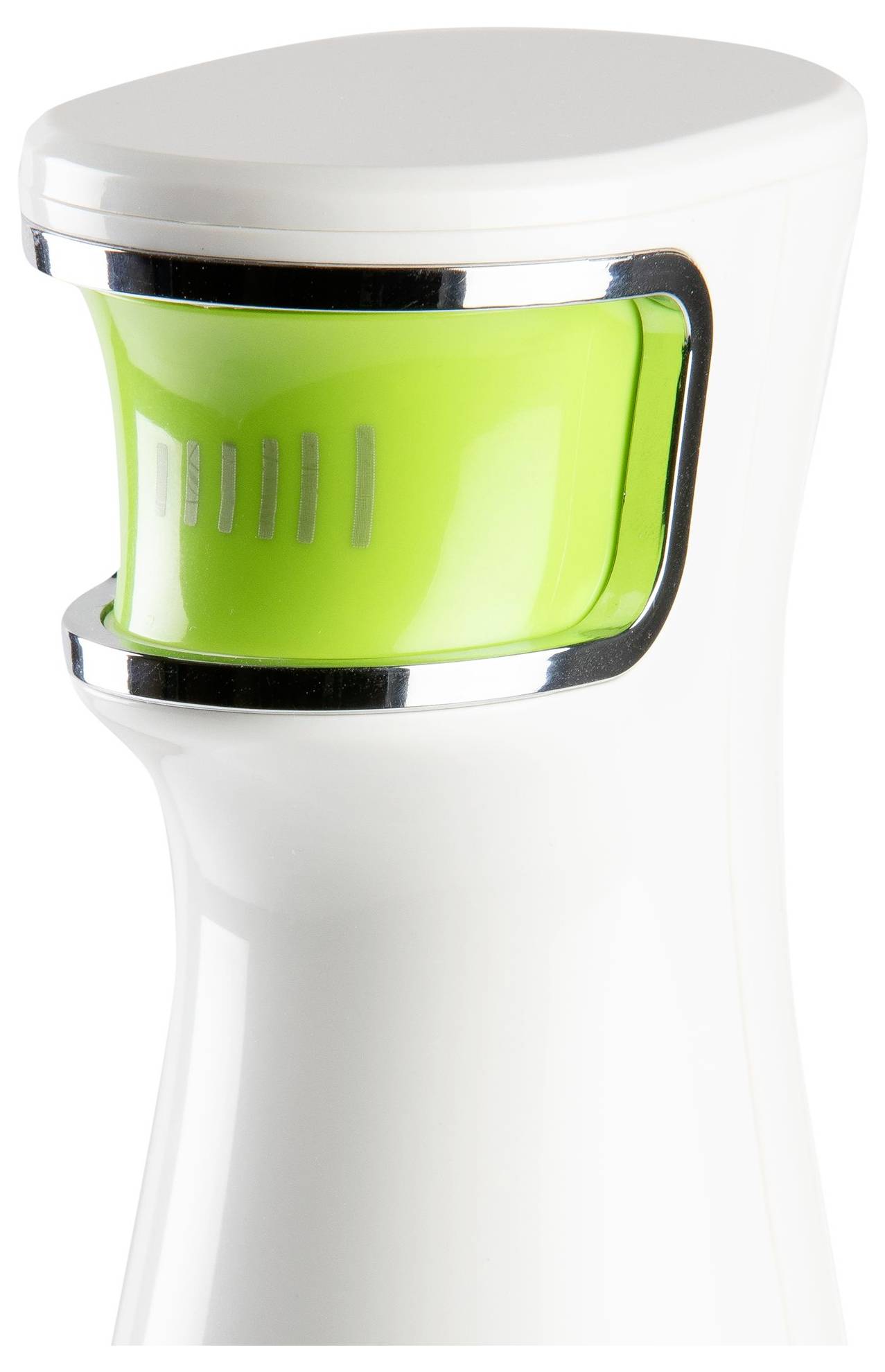 White plastic bottle with a green translucent flip-top cap and chrome trim, shown against a white background.