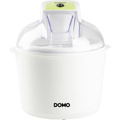 White DOMO ice cream maker with a clear plastic lid and lime green top, shown on a plain background.