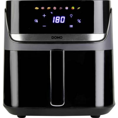 Black Domo air fryer with digital touch display showing 180°C and cooking icons, front handle centered on glossy body.