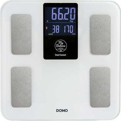 White digital bathroom scale displaying 66.20 kg and 38 years, 170 cm on a central screen; Domo 'My Balance' Smart Connect.